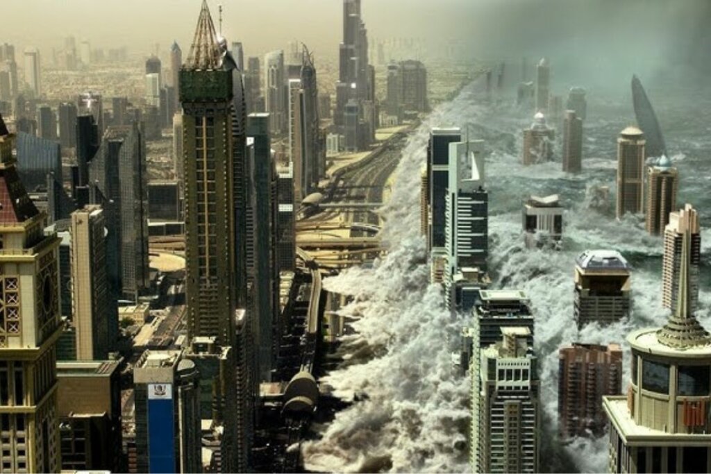 Imagem de uma cidade sendo invadida pelo mar no filme 'Tempestade: Planeta em Fúria'