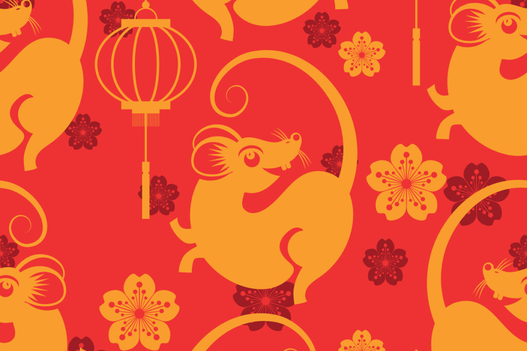 Ilustração de um rato em um fundo vermelho com flores