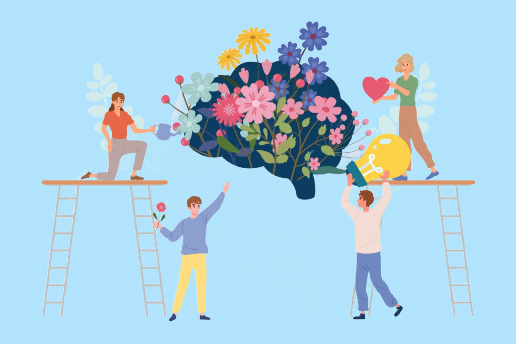 Pessoas recuperando um cérebro com lindas flores, bom coração e pensamento positivo