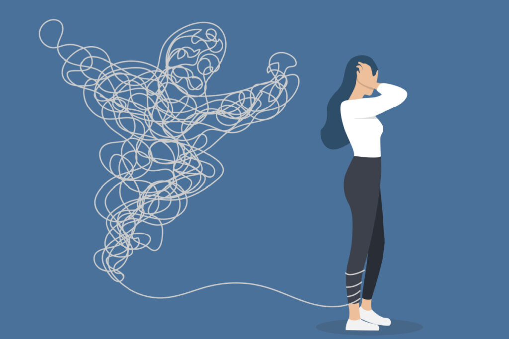 Um monstro de corda imaginário representando uma jovem sofrendo um ataque de pânico