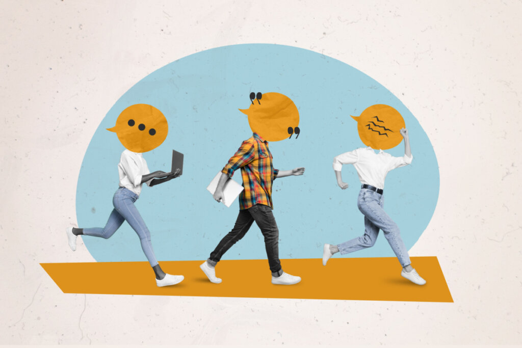 Ilustração com colagens de três pessoas andando com balões amarelos no rosto