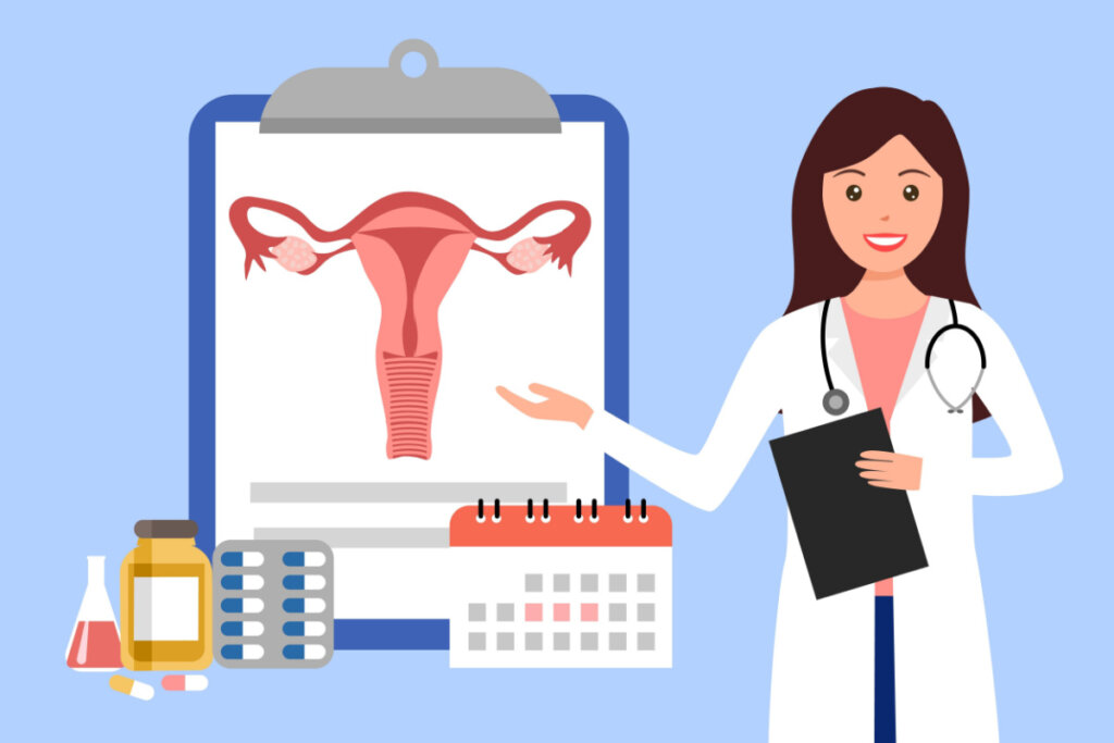 Ilustração de médica explicando sobre útero