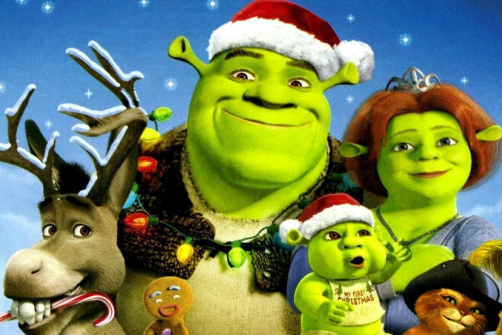 Shrek, Fiona, Burro, Gato de Botas, Biscoito e um de seus filhos