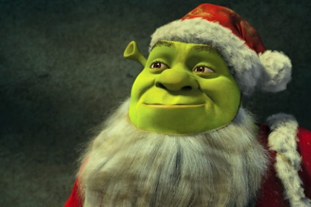 Shrek vestido de Papai Noel