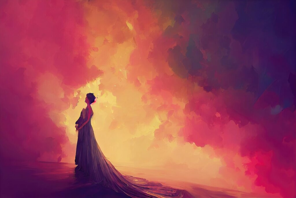 Ilustração de uma mulher andando em meio a uma fumaça colorida 