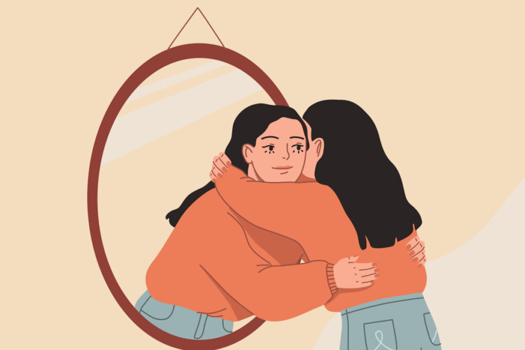 Ilustração de mulher abraçando seu reflexo no espelho