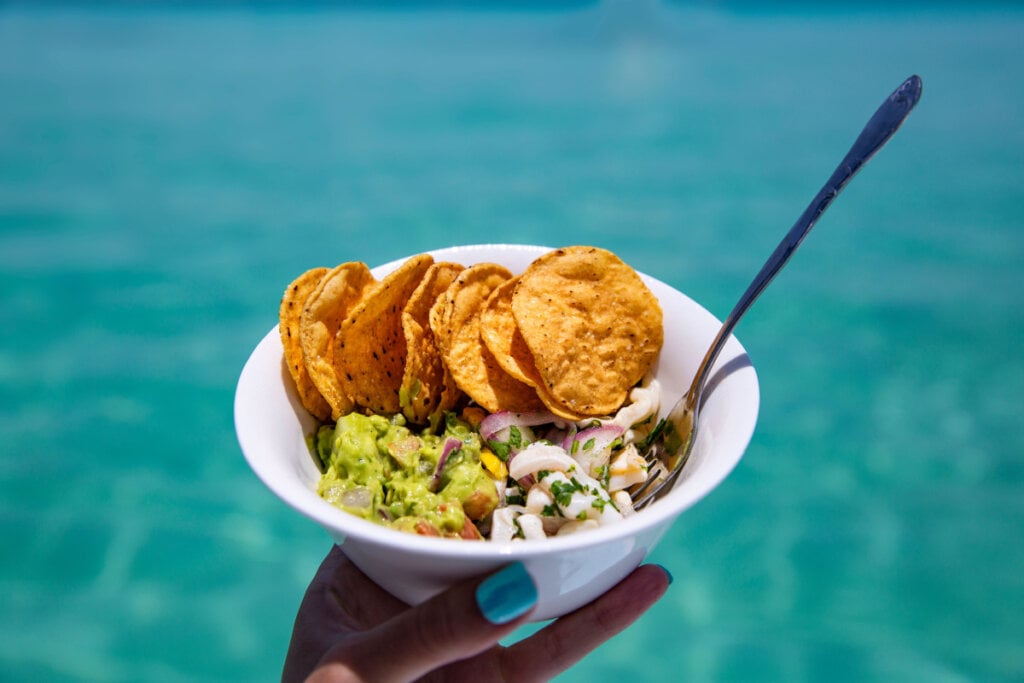 Recipiente com guacamole, ceviche e nachos