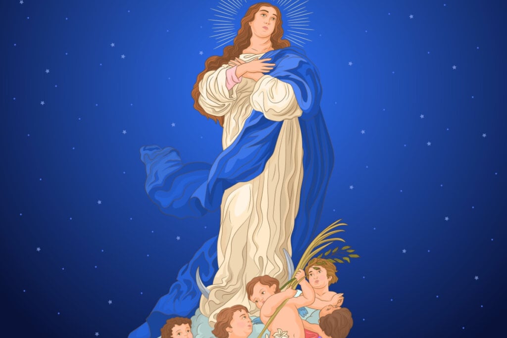 Ilustração de Nossa Senhora da Conceição em fundo azul