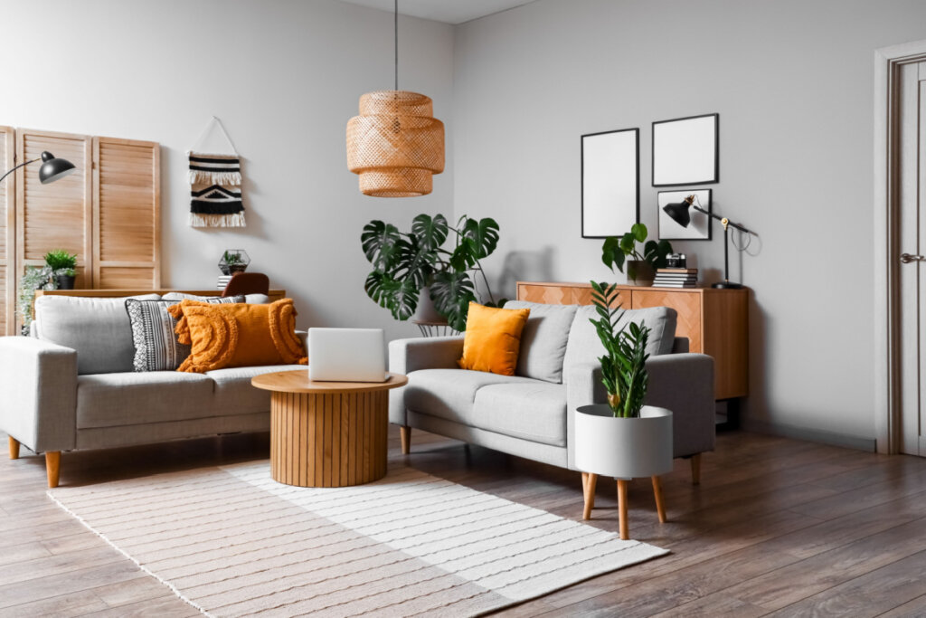 Sala de estar com sofá cinza, tapete e plantas