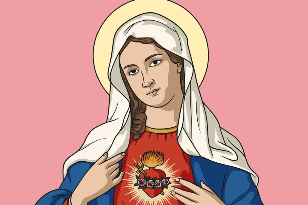 Ilustração de Virgem Maria com destaque ao coração