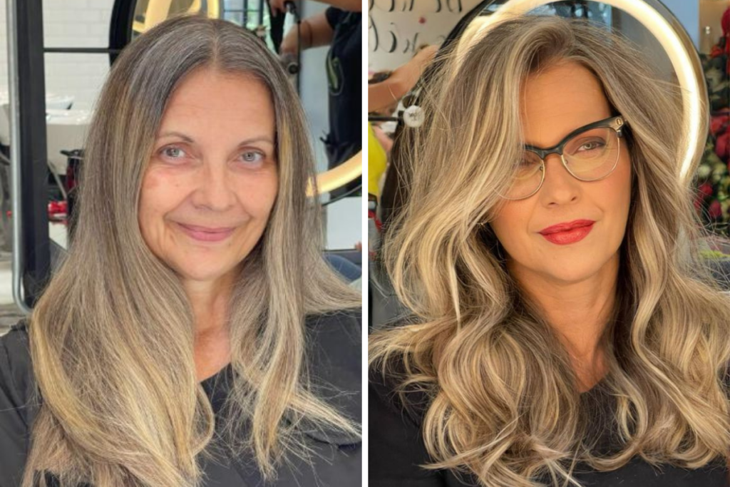 Antes e depois de cliente com cabelo loiro para disfarçar os grisalhos