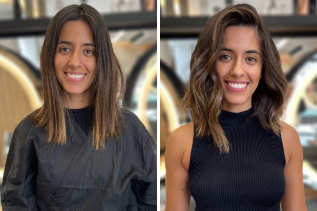 Antes e depois de cliente com cabelo no tom chocolate para disfarçar os grisalhos