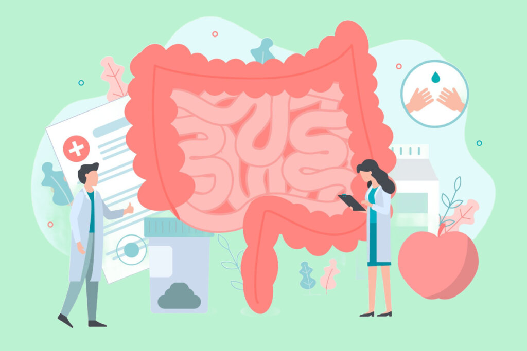 Ilustração de médicos analisando um intestino