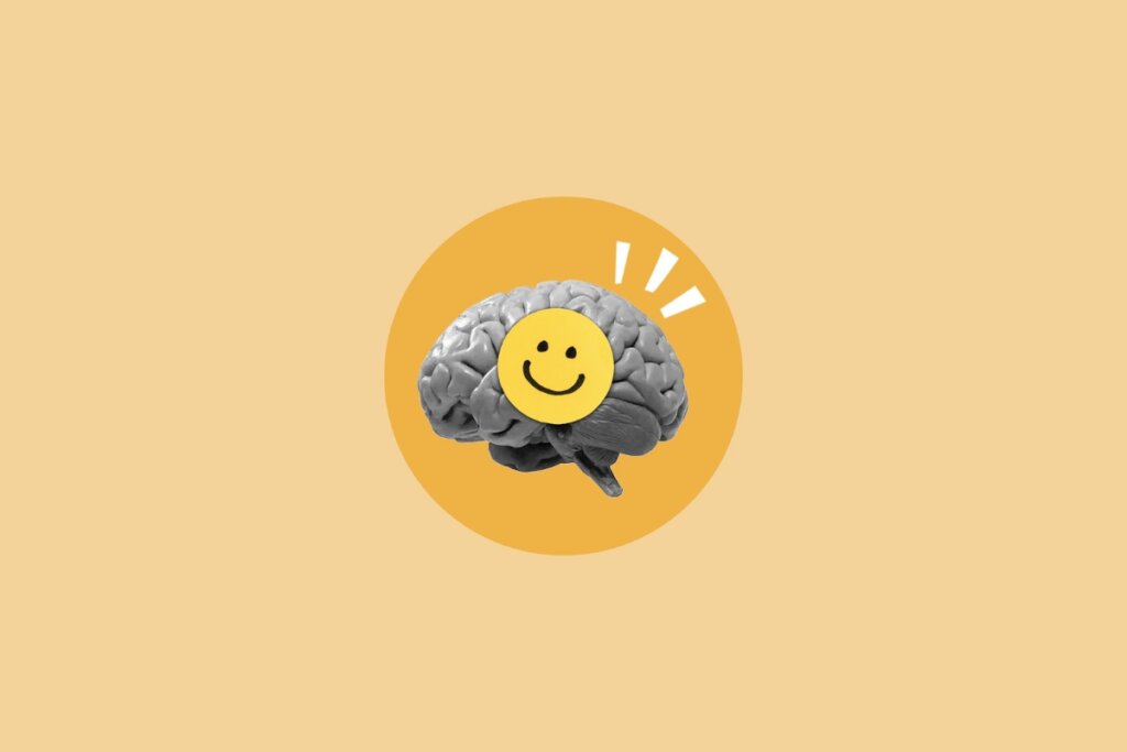 Ilustração de uma cara feliz em cima de um cérebro 
