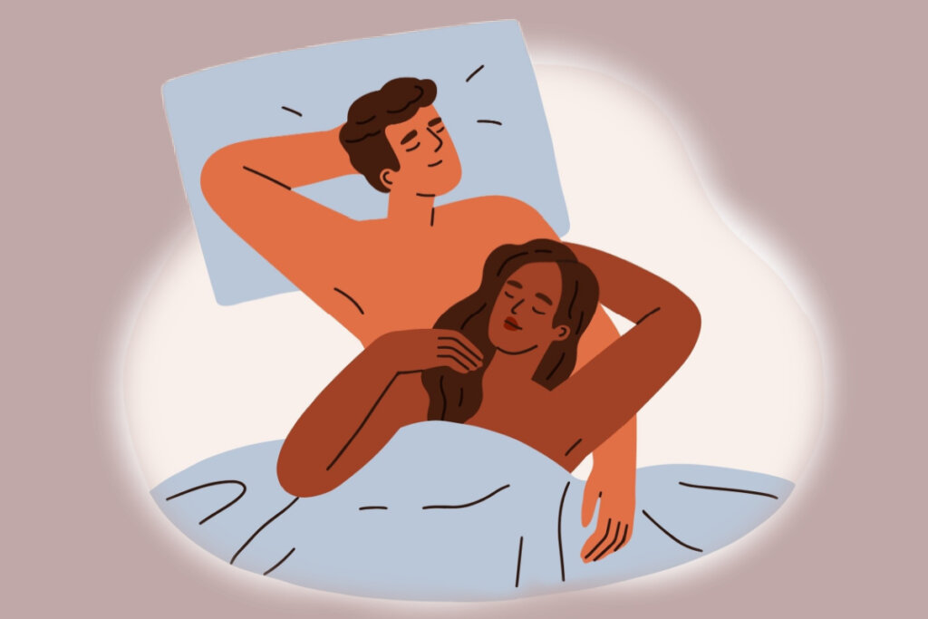 Ilustração de casal heterossexual deitados em uma cama