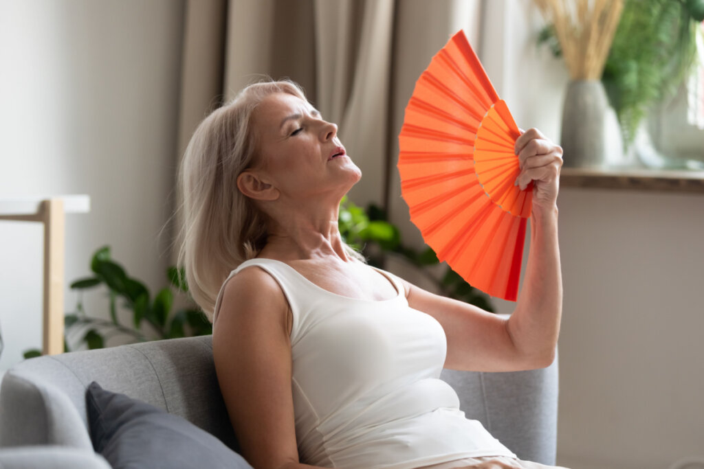 Senhora sentada no sofá usando um leque para se refrescar do calor