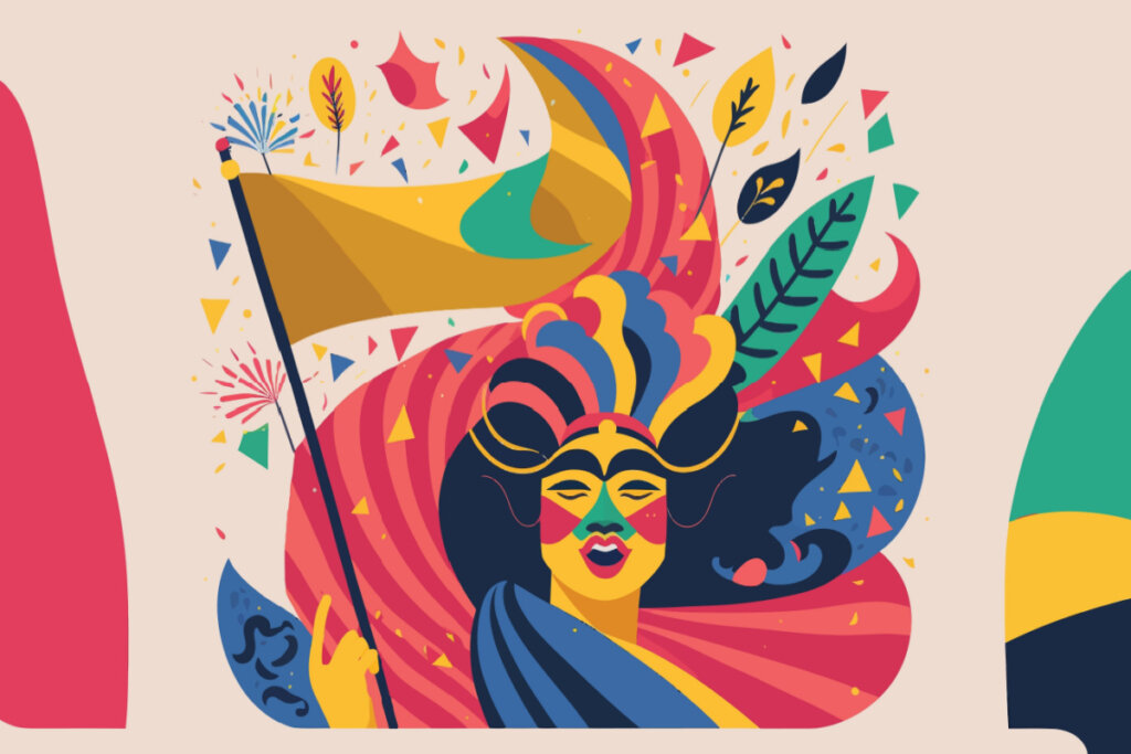 Ilustração colorida de Carnaval com bandeira, máscara e confete