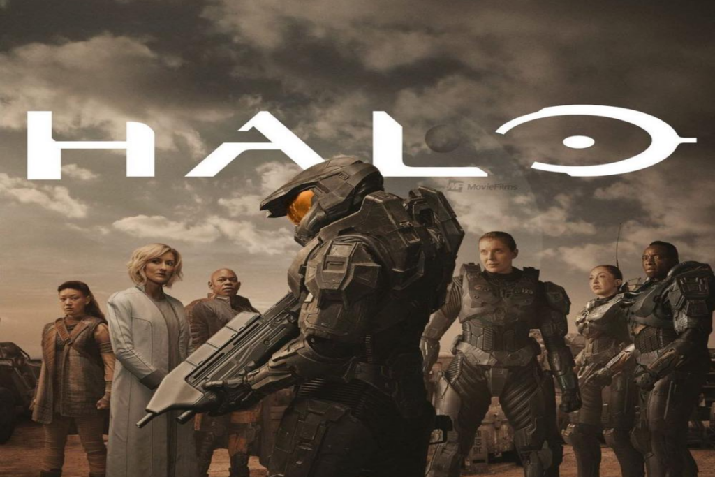 Capa da série Halo com pessoas e soldados com armaduras 