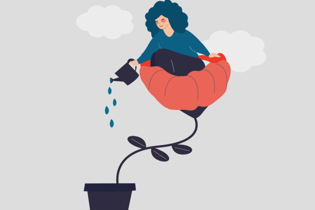 Ilustração de mulher em uma flor, regando o vaso de planta e a si mesma