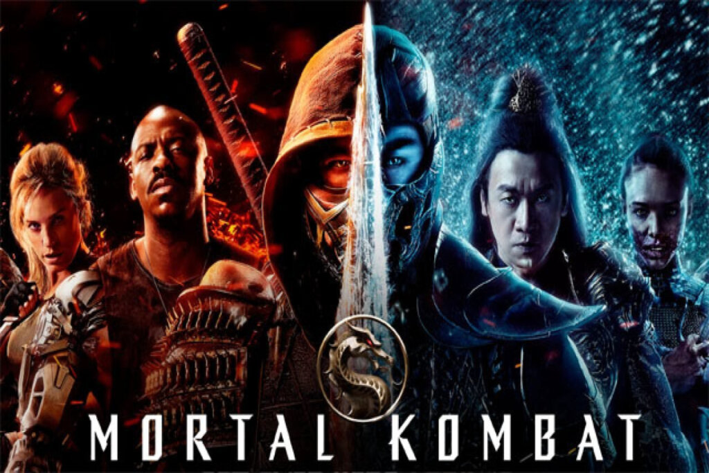 Capa do filme Mortal Kombat com atores e metade em azul e em vermelho 