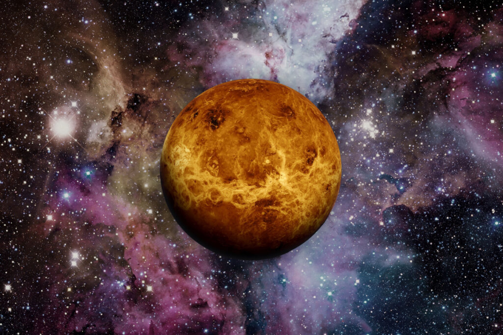 Planeta Vênus alaranjado em sistema solar colorido