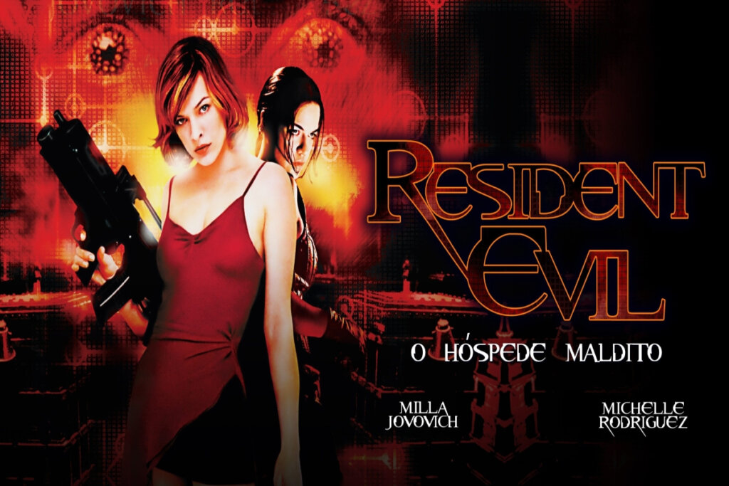 Capa do filme Residente Evil com atriz segurando arma na mão 