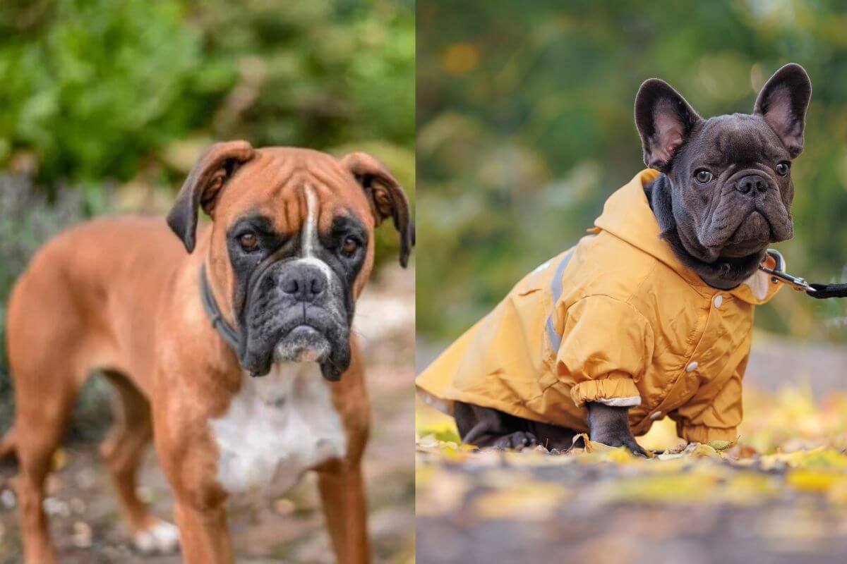 Cachorro boxer e buldogue sentados em um parque 