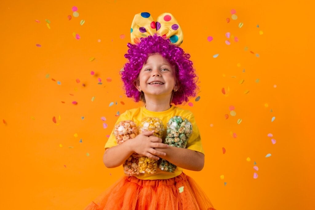 Menina usando peruca rosa e roupa amarela e laranja segurando três potes com pipoca