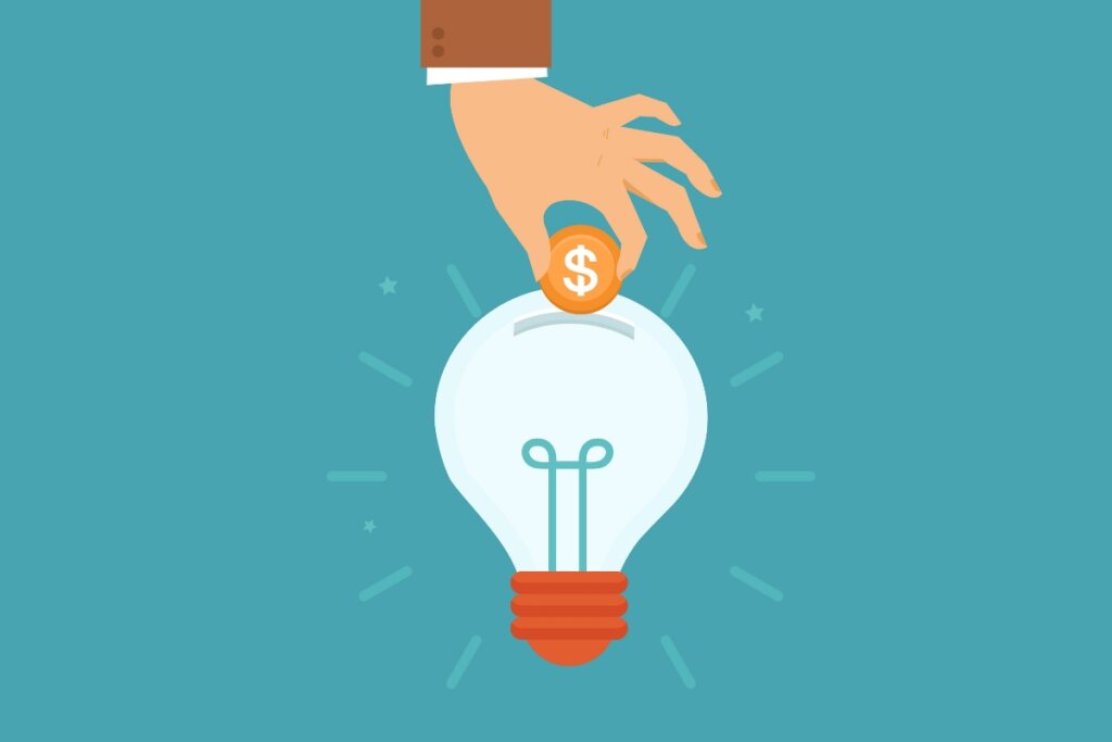 Ilustração de uma mão colocando dinheiro em uma lâmpada