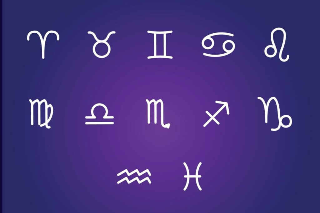 Ilustração dos doze signos do zodíaco em um fundo roxo