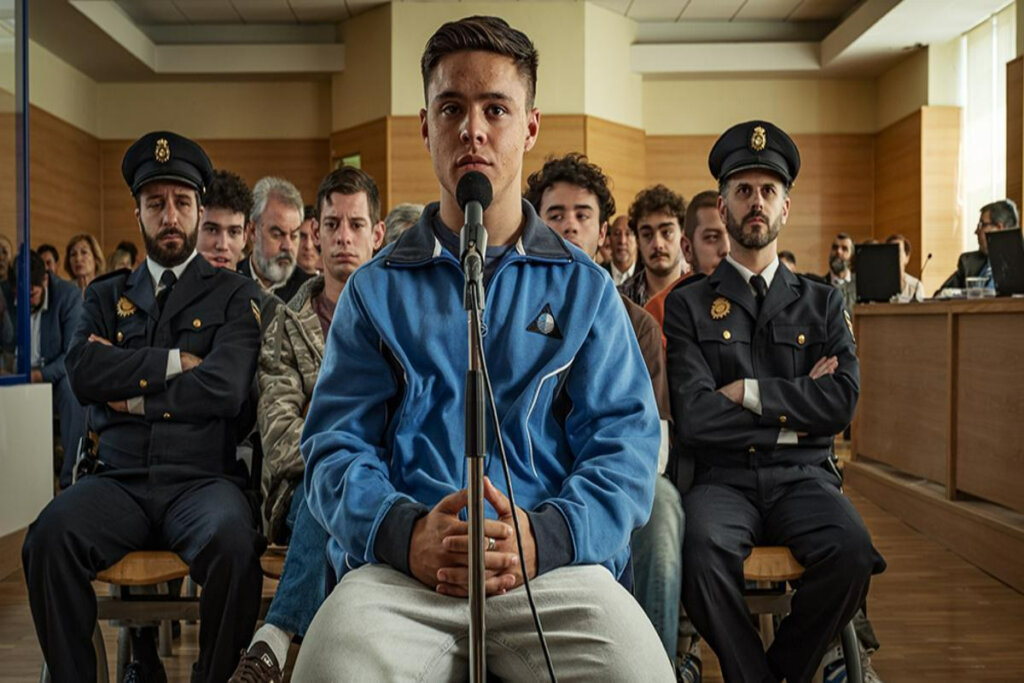 Jovem de blusa azul depondo no tribunal; atrás dele, há policiais sentados