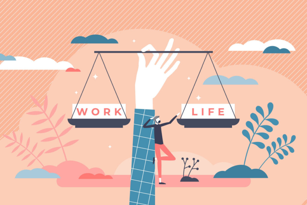 Ilustração de mão segurando balança de trabalho e vida