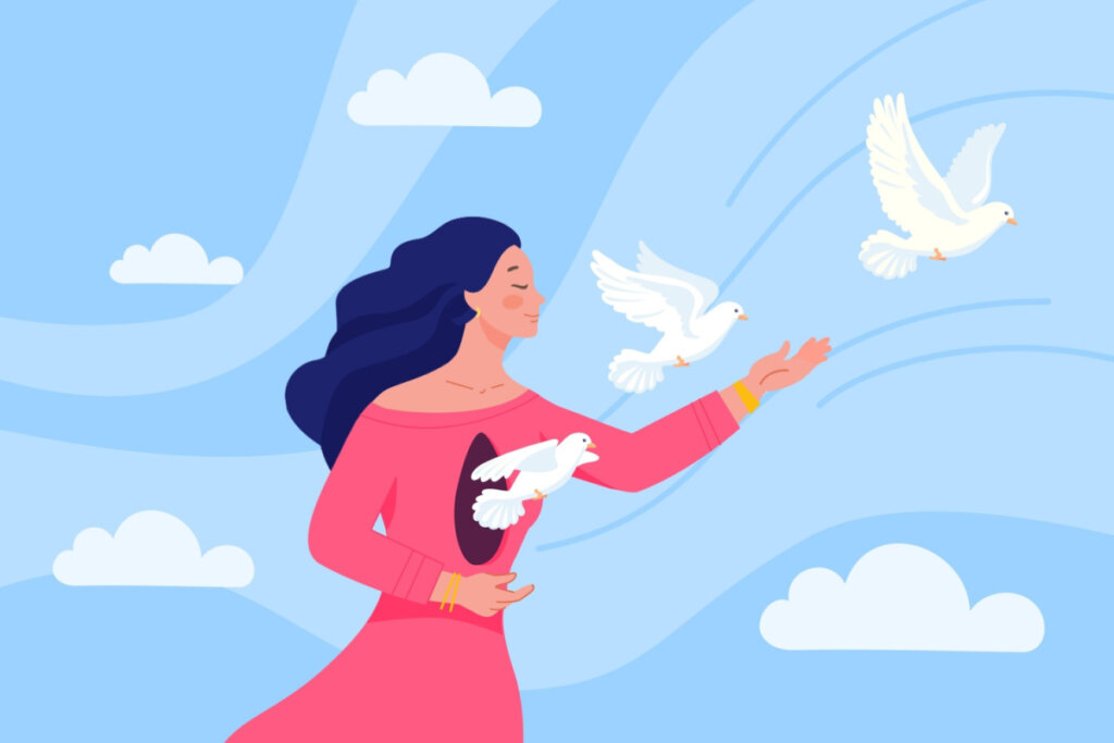 Ilustração de uma mulher com pombas brancas saindo de seu peito