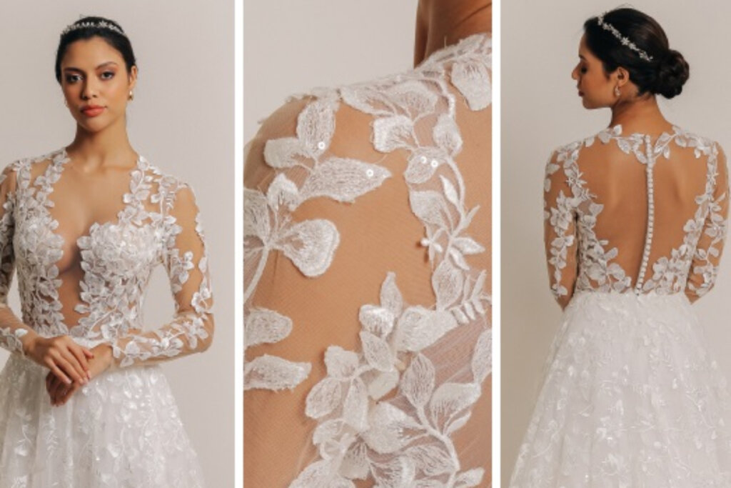Imagem dividida em três partes mostrando noiva com vestido branco