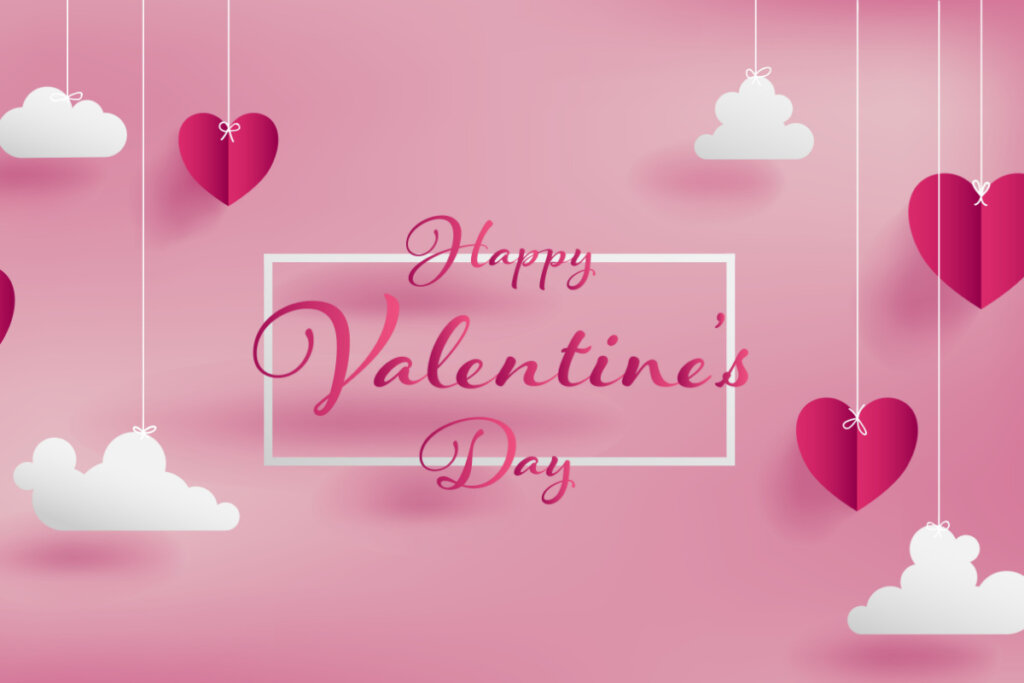 Retângulo escrito Happy Valentines Day em fundo rosa com corações e nuvens em volta