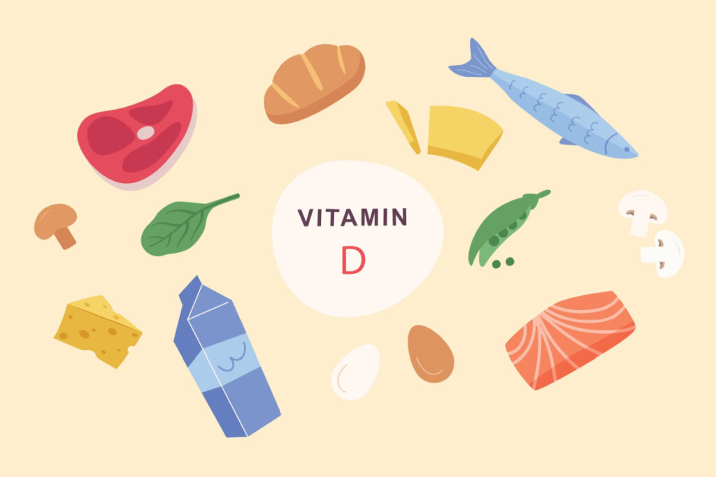 Ilustração com alimentos em volta de balão escrito "vitamina D"