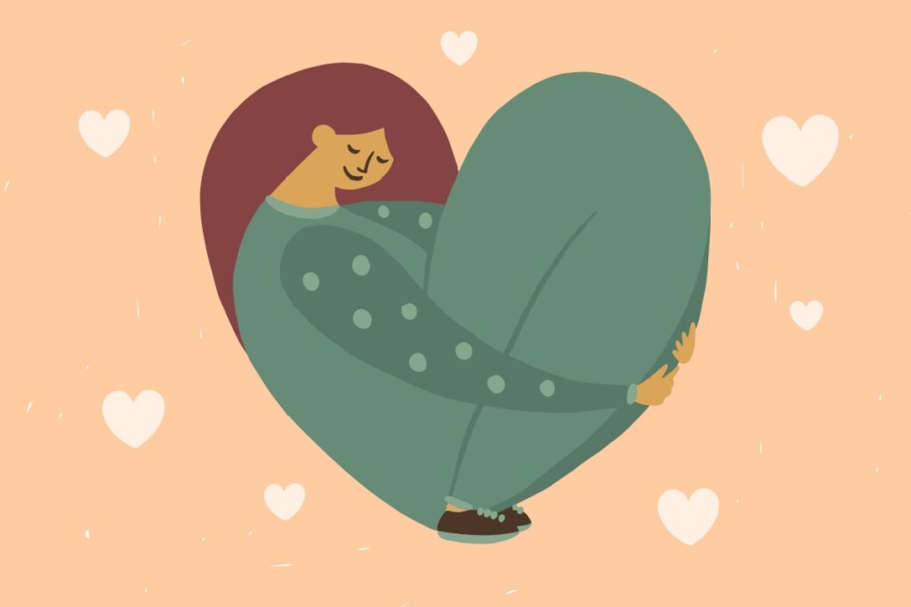 Ilustração de mulher se abraçando formando um coração.