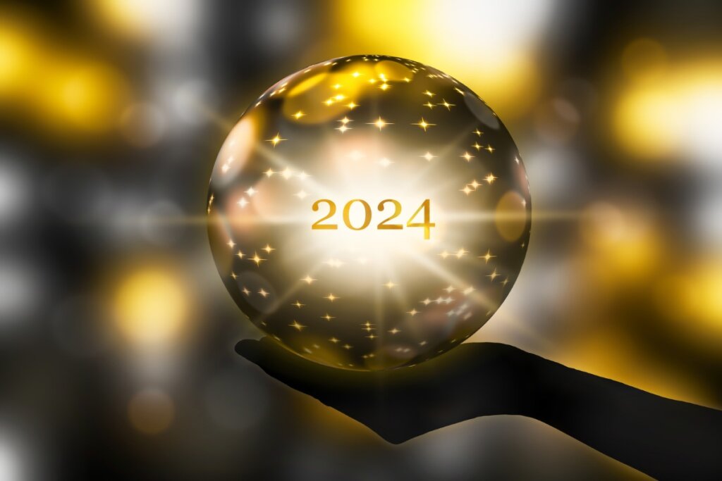 Ilustração de uma bola de vidro com o número 2024