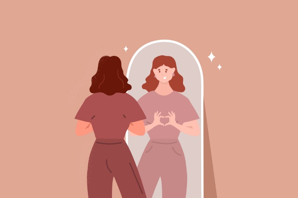 Ilustração de uma mulher se olhando no espelho