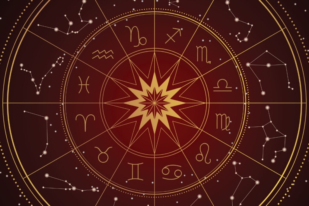 Ilustração de um círculo com os doze signos do zodíaco