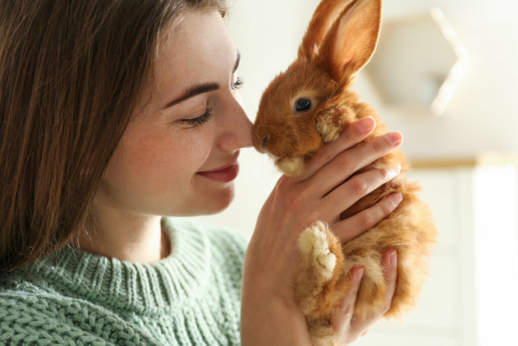 Mulher fazendo carinho em um coelho 