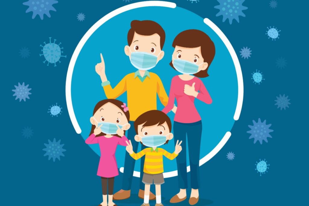 Ilustração de família usando máscara com vírus em volta