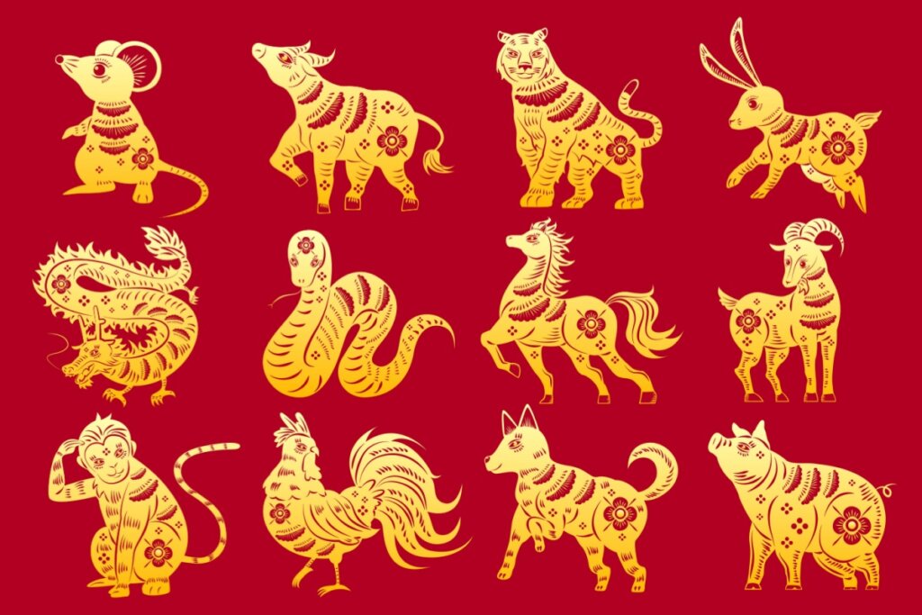 Ilustração em amarelo dos 12 animais do horóscopo chinês em fundo vermelho