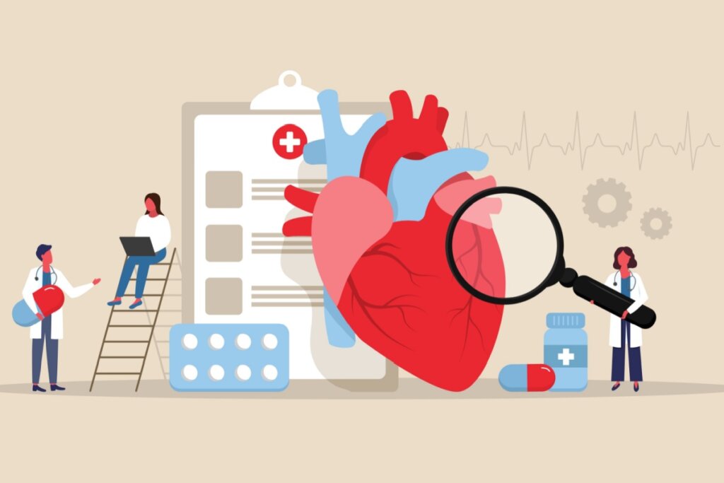 Ilustração de coração com médicos e remédios e volta