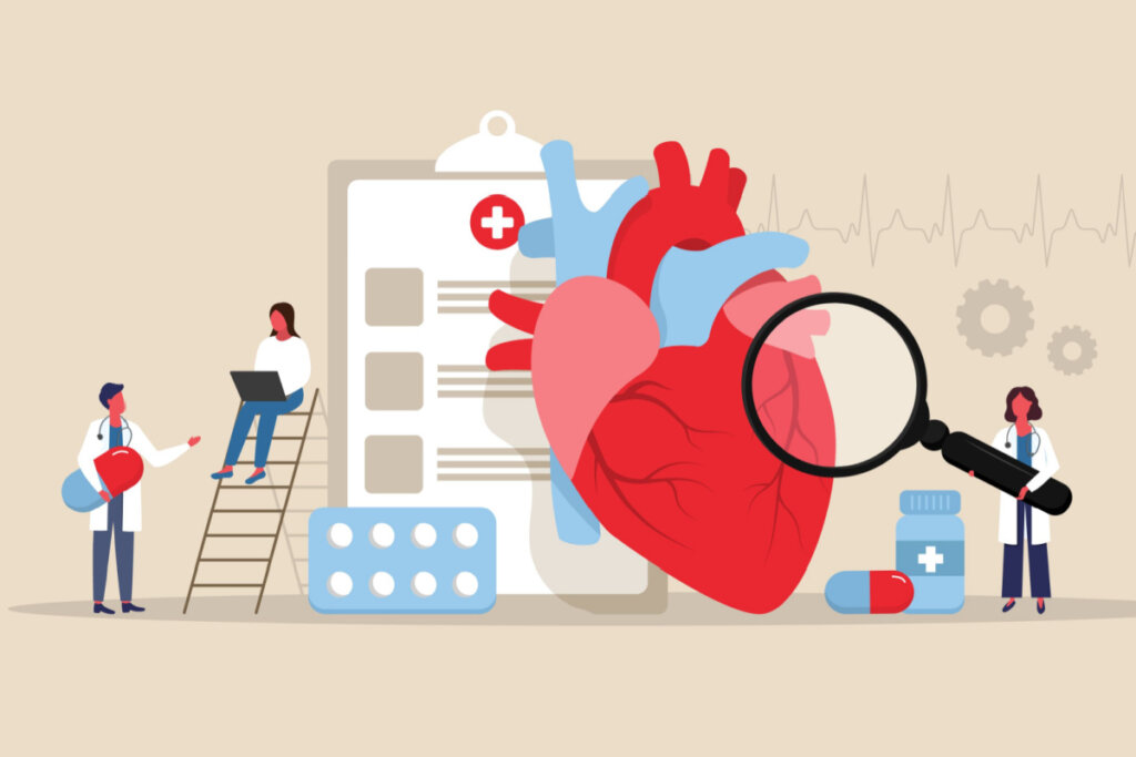 Ilustração de coração com médico e remédios