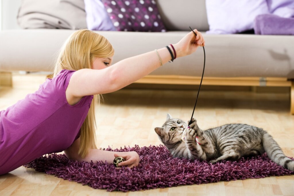 Mulher brincando no chão com um gato 