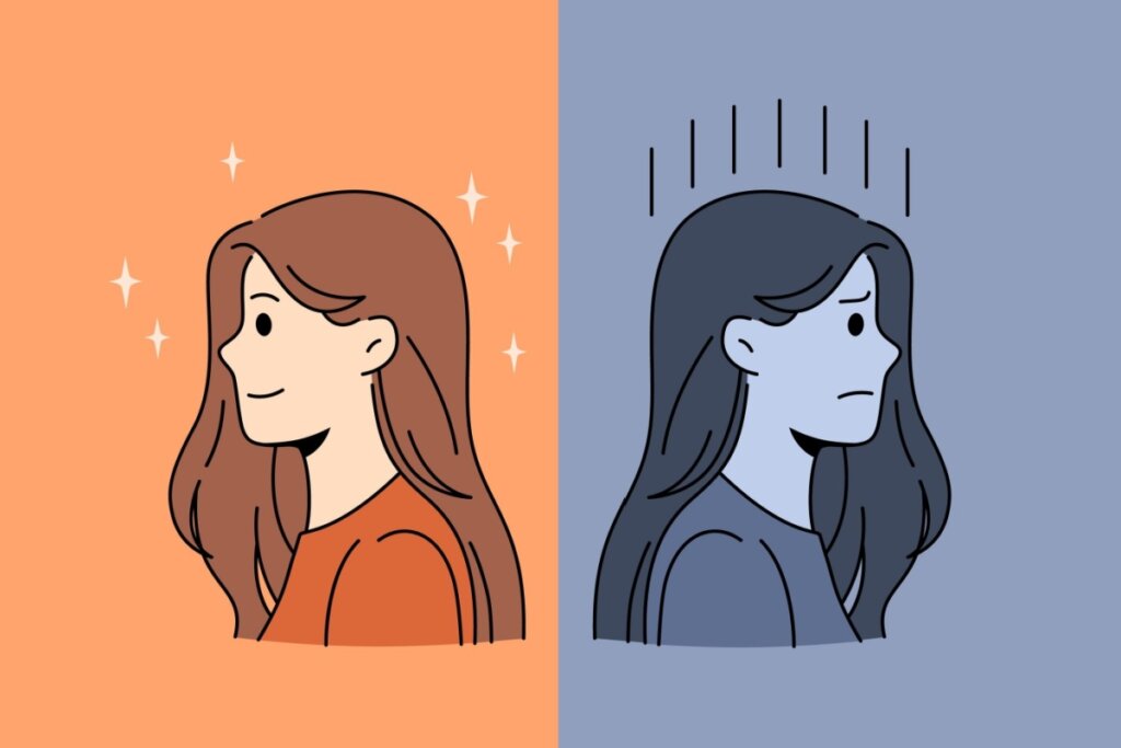 Duas mulheres lado a lado, uma com expressão triste e outra feliz