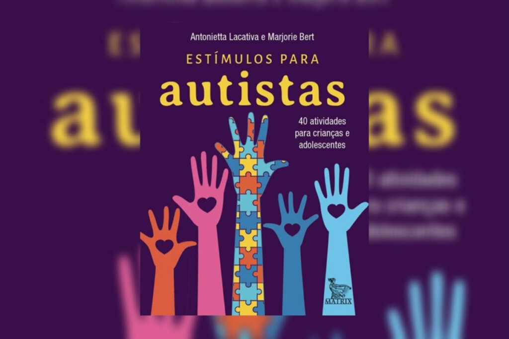 Capa de livro com mãos em cores que representam o autismo