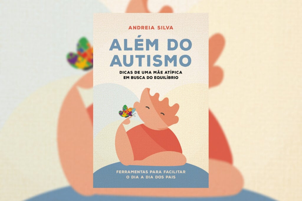 Capa de livro com o desenho de criança com borboleta das cores do autismo pousada em sua mão