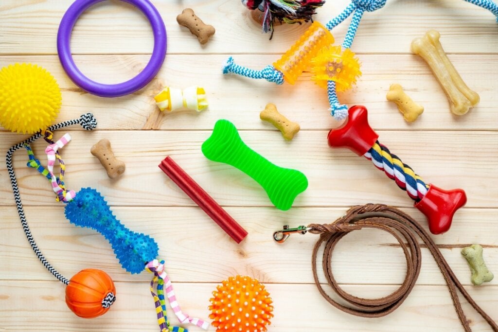 Brinquedos de cachorro juntos, como bolinhas, cordas, petiscos, argolas 